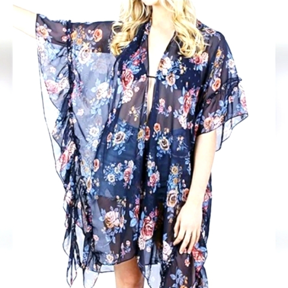David and Young Kimono Floral Semi Sheer Ruffle Black Pink Cover Up One Size